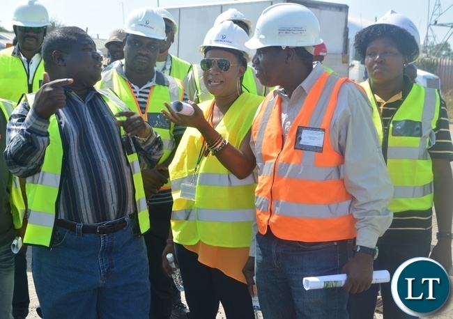 Works and Supply Minister Yamfwa Mukanga (far left), Road Development Agency (RDA) director in charge of communications and corporate affairs Royce Saili (far left), Kazungula Bridge Project Team Leader Kabamelo Kgoboko (next to Ms Saili) and Kazungula District Coommissioner Pascalina Musokotwane (next to Mr Kgoboko). This was on Sunday this week when Mr Mukanga and his delegation inspected the construction of the Bridge at Kazungula Border
