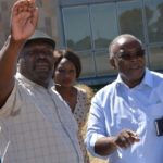 State House Special Assistant for Project Monitoring and Implementation Lucky Mulusa (left) with Ndilila Associates director Francis Ndilila (right) during a tour of International Bus Terminus currently under construction in Livingstone