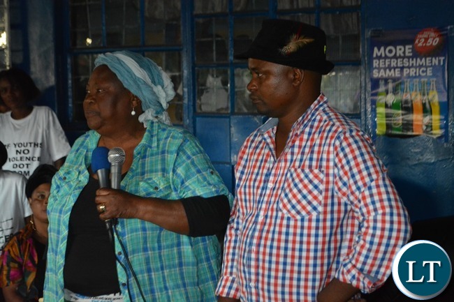 PF provincial Chairlady Alice Simango(left) addressing the gathering while PF Southern Province mobilisation chairman Brave Mwetwa (right) during the launch of the District Mobilisation Campaign in Livingstone