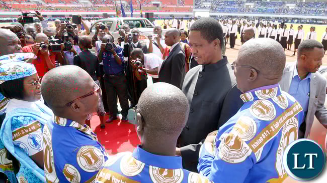 President Edgar Lungu greets officials at the Reformed Church in Zambia,Golden Jubilee celebration in Lusaka at heroes stadium, Umwini inaugurated a new era in the history of the Reformed Church in Zambia.The Church in Zambia was governed by missionaries from the Dutch Reformed Church Free State of South Africa.Picture by EDDIE MWANALEZA/STATEHOUSE.23-04-2016