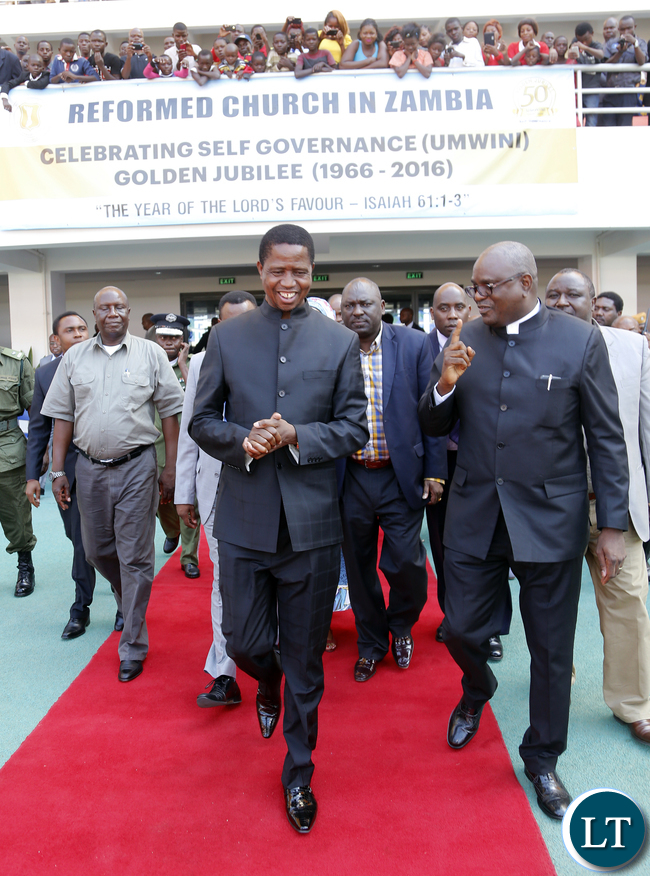 President Lungu with Dr Patrick MatibineThe Speaker at the Reformed Church in Zambia,Golden Jubilee celebration in Lusaka at heroes stadium, Umwini inaugurated a new era in the history of the Reformed Church in Zambia.The Church in Zambia was governed by missionaries from the Dutch Reformed Church Free State of South Africa.Picture by EDDIE MWANALEZA/STATEHOUSE.23-04-2016