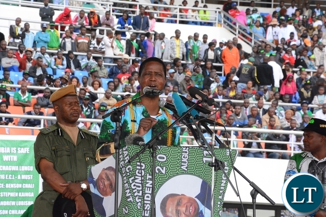 President Edgar Lungu delivering his speech at the lunch of PF Campaign in the Heroes Stadium