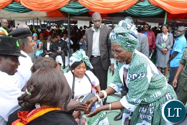 Vice President Inonge Wina greets PF members at the lunch of PF Campaign in the Heroes Stadium