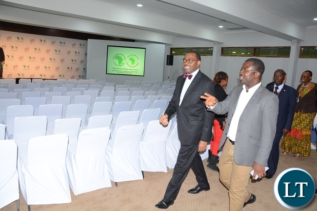 Victor Mensah Event Project Manager and African Development Bank President Akinwumi Adesine inspecting the venue of the Conference at Mulungushi Conference Center