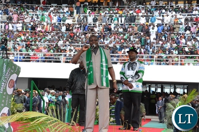 Justice Minister Ngosa Sibyakula speaking at the lunch of PF Campaign in the Heroes Stadium