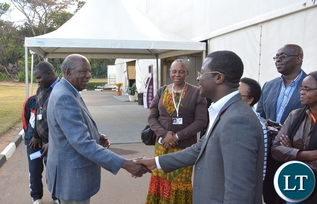 Victor Mensah Event Project Manager welcomes Finance Minister Alexndre Chikwanda who was inspecting the venue of the Conference at Mulungushi Conference Center