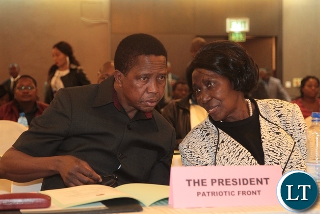 President Edgar Lungu(l) talks to the Vice President Inonge Wina(r) during a briefing of Aspiring Presidential Candidates,Running mates and their Agents at Intercontinental Hotel in Lusaka President Edgar Lungu(l) talks to the Vice President Inonge Wina(r) during a briefing of Aspiring Presidential Candidates,Running mates and their Agents at Intercontinental Hotel in Lusaka