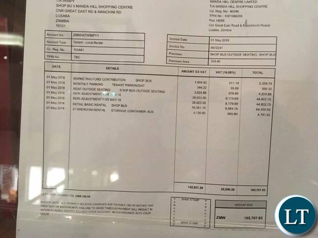 A Bill sheet for the month of May for a tenant at Manda Hill