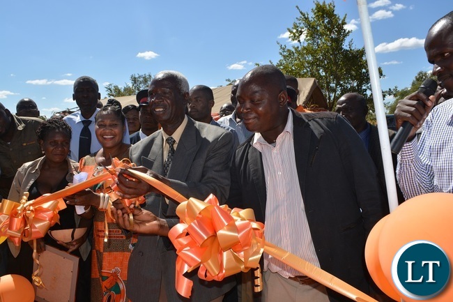 Chief Sipatunyana (Left) and Chief Simwatachela (Right) admire the Foundation stone during the Ground Breaking ceremony for Tore Schulze Memorial School in Zimba, Southern Province