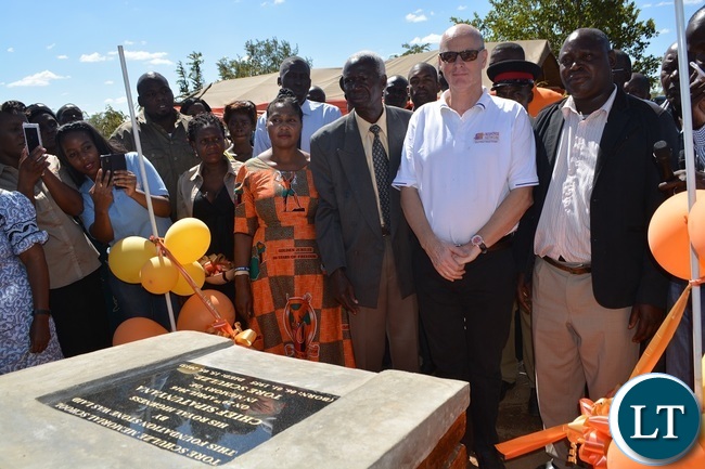 Chief Sipatunyana (Left) and Chief Simwatachela (Right) admire the Foundation stone during the Ground Breaking ceremony for Tore Schulze Memorial School in Zimba, Southern Province