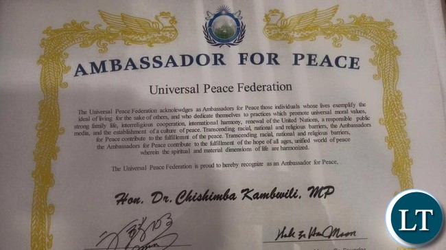 Dr Kambwili's award certificate