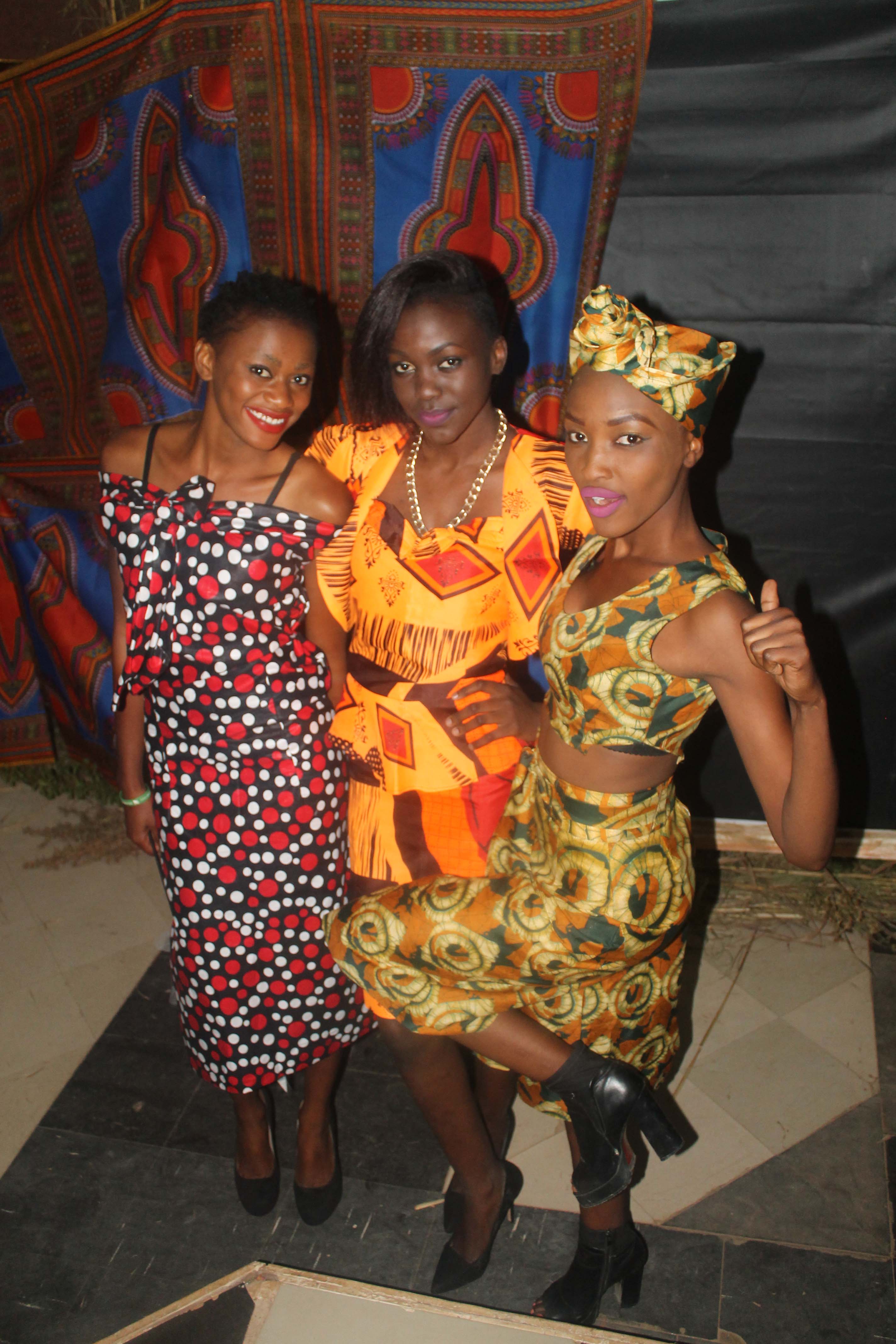 L-R. Model Promise Nambela, Nkumbu Namusamba and Cecilia Kongwa pose at the Afrikawala Fashion Show