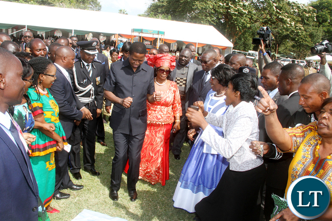 President Edgar Lungu could not resist the music by PF choir during the African Freedom Day Celebrations at State House on Wednesday, May 25,2016 -Pictures by THOMAS NSAMA