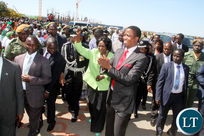 President Lungu with Vice-President Inonge Wina at Kenneth Kaunda International Airport shortly before Departure for Saudi Arabia on Monday, May 16,2016 -Picture by THOMAS NSAMA