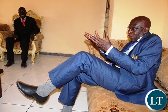 Paramount Chief Chitimukulu of the Bemba speaking people with opposition Poor People's Party President Alex Mulyokela when he called on him at his palace in Kasama today.The Paramount chief has since called on all politicians to conduct peaceful campaigns ahead of the August election.- Picture by Mary Bwembya (ZANIS)