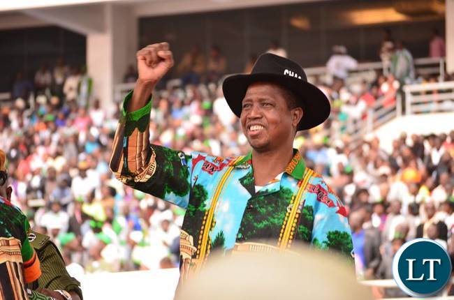 President Lungu gestures at the PF campaign launch rally