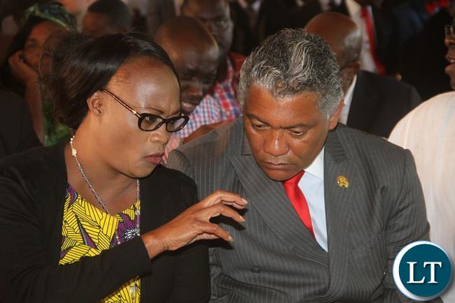 PF deputy Secretary General Mumbi Phiri talks to Agriculture minister Given Lubinda during the Press Conference at State House on Friday, May 13,2016 -Picture by THOMAS NSAMA