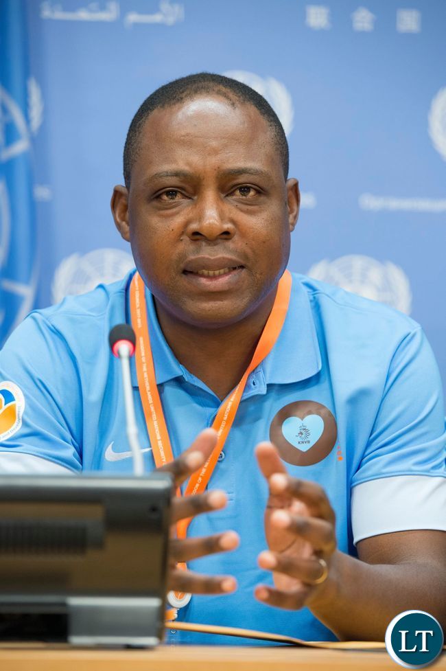 Football legend Kalusha Bwalya (Zambia) addressing a press conference at United Nations Headquarters in New York USA on Thursday 16 June 2016 ahead of the Permanent Representatives' football tournament to promote peace and development. The Permanent Missions of Zambia and The Netherlands co-organised the tournament and the press conference. UN Photo/Eskinder Debebe