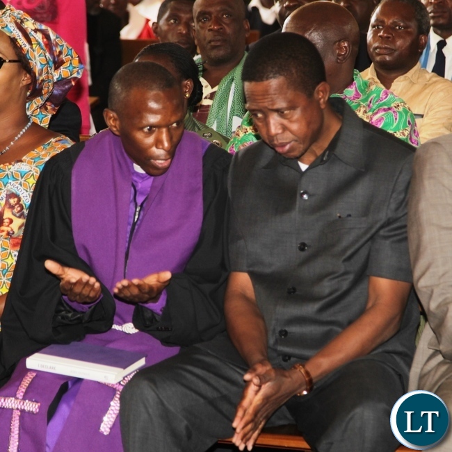 Kabundi Kapisha UCZ Congregation Bishop Sichilima chat President Edgar Lungu shortly before Church services