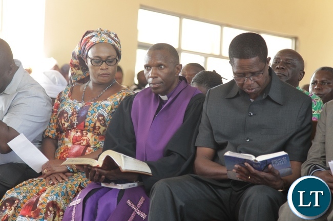 President Edgar Lungu, Kabundi Kapisha UCZ Congregation Bishop Sichilima (c) and PF Deputy Secretary General Mumbi Phiri during the Church Services in Chingola