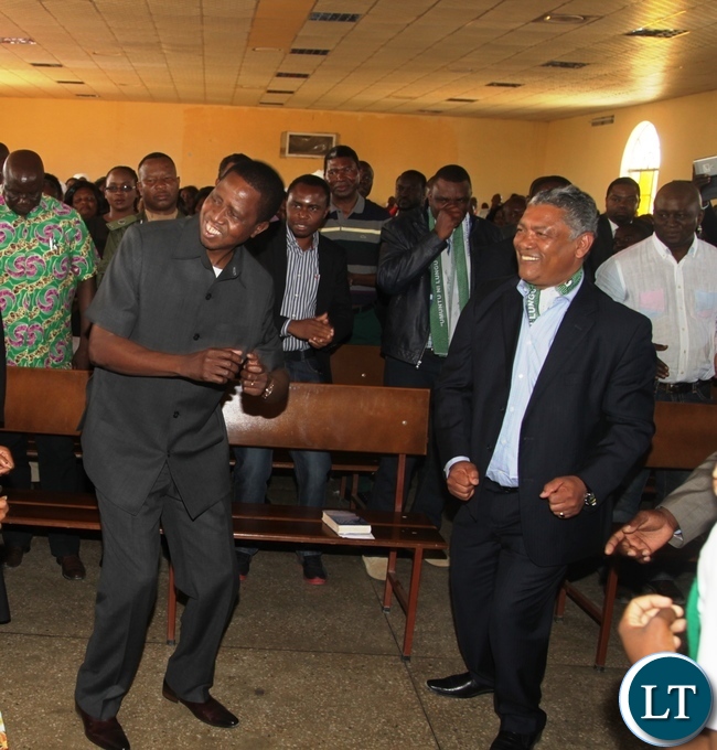 President Edgar Lungu and Agriculture Minister Given Lubinda celebrting the Lord through Dancing at Kabundi Kapisha UCZ Congregation in ChingolaPresident Edgar Lungu and Agriculture Minister Given Lubinda celebrting the Lord through Dancing at Kabundi Kapisha UCZ Congregation in Chingola