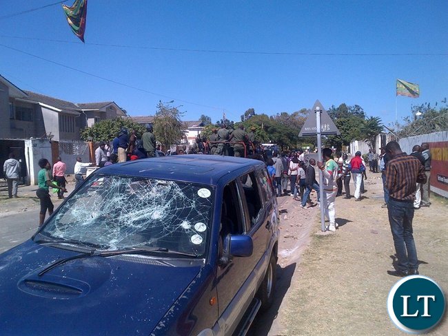 A vehicle destroyed at the UPND offices