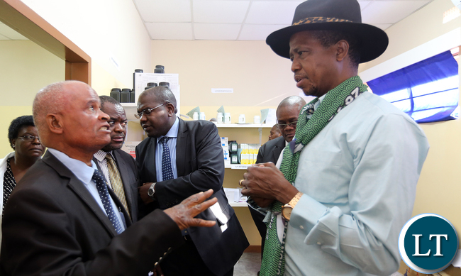 President Edgar Lungu talks Chief Mpuka during the tour of Luangwa District Hospital on Thurday - Picture by Eddie Mwanaleza 23-06-2016.