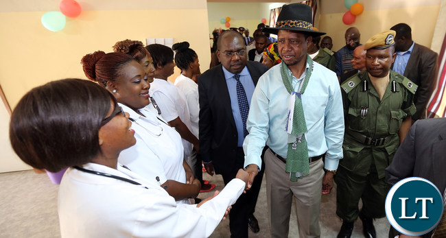 President Lungu greets Medical staff at Luangwa District Hospital