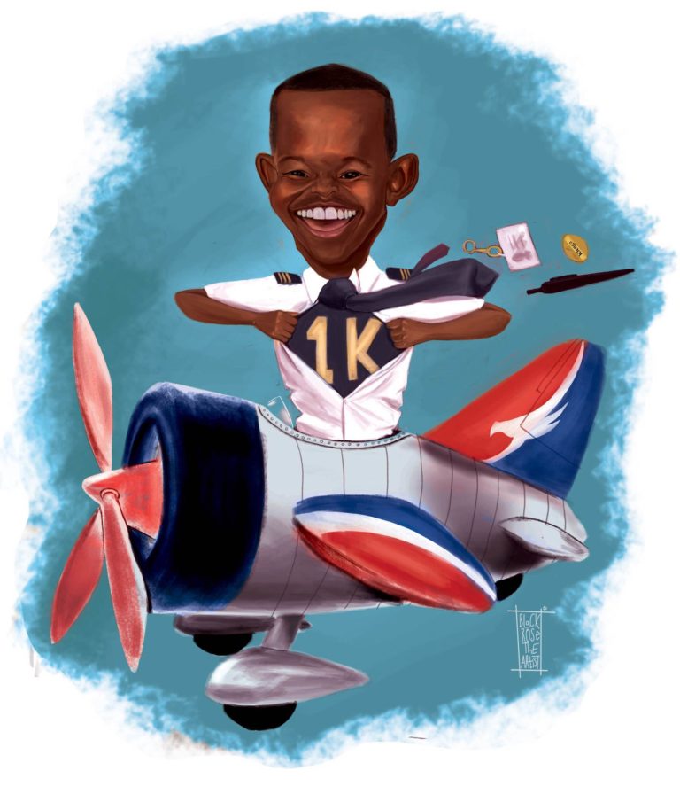 Caricature of Zambia’s youngest commercial pilot ,Kalenga Kamwendo “Mr.1000”