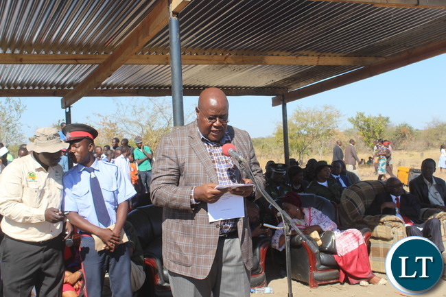 Southern Province Permanent Secretary Mr. Sibanze Simuchoba delivering his speech during the inaugural Samu Lya Moomba Lwiindi traditional Ceremony of the Tonga speaking people of Choongo Chiefdom