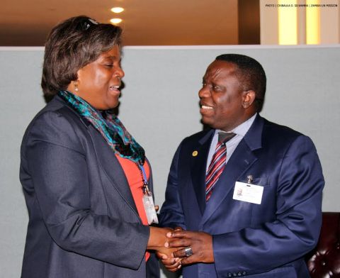 FILE: Zambia’s Foreign Affairs Minister Harry Kalaba and USA Assistant Secretary of State for African Affairs Linda Thomas-Greenfield at UN Headquarters 26-09-2014. PHOTO | CHIBAULA D. SILWAMBA | ZAMBIA UN MISSION