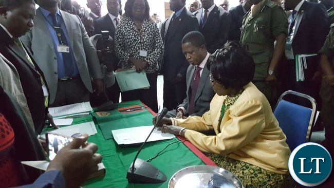 President Edgar Lungu this morning filed in his nomination papers for the August election at the Mulungushi International Conference Centre. He was accompanied by his running mate Inonge Wina. President Edgar Lungu this morning filed in his nomination papers for the August election at the Mulungushi International Conference Centre. He was accompanied by his running mate Inonge Wina.