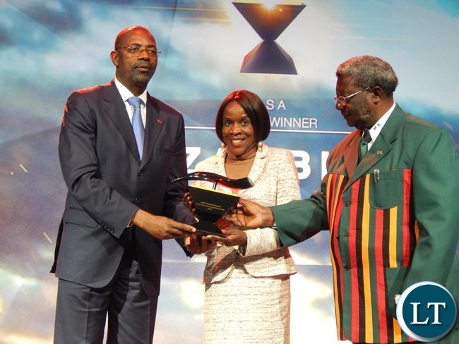 Angolan Minister of Youth and Sport, Mr. Goncalves Muandumba with Zambia's Acting High Commissioner to South Africa Ms. Philomena Kachesa and National Sports Council of Zambia Chairman, Mwamba Kalenga at the African Union Sports Council Regional Annual Sports Awards presentation ceremony in Johannesburg, South Africa on 25th June, 2016.