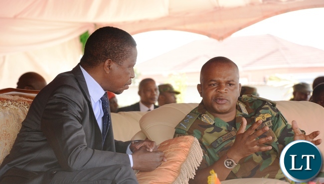 President Lungu(l) confers with Zambia Air force Commander Lt Gen Eric Chimese(r) at Zambia Air Force Headquarters during the official opening of Zambia Air Force Hospital