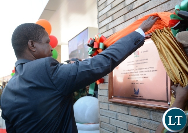President Lungu unveils the plaque to officially open Zambia Air Force Hospital at Zambia Air Force Headquarters