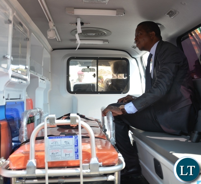 President Lungu sits in one of the state Ambulance immediately after officially opening the Zambia Air Force Hospital at Zambia Air Force Headquarters