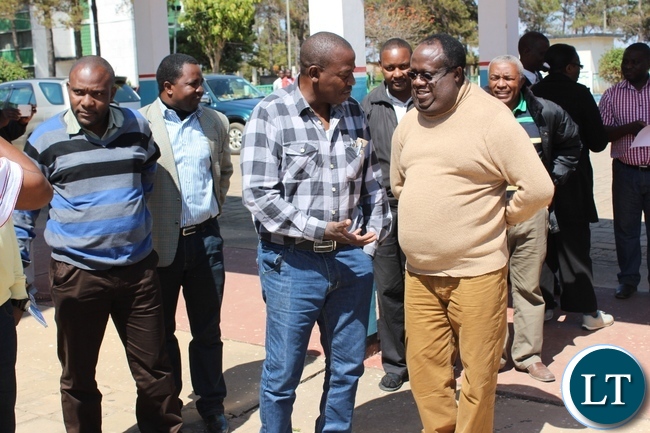 Tanzania Zambia Railways Authority (TAZARA) Managing Director Bruno Ching’andu ( in checked shirt) talking to Regional General Manager Patrick Shangala ( Zambia) on arrival at Mpika TAZARA Railway Station today. Picture by Jonathan Mukuka/ ZANIS Tanzania Zambia Railways Authority (TAZARA) Managing Director Bruno Ching’andu ( in checked shirt) talking to Regional General Manager Patrick Shangala ( Zambia) on arrival at Mpika TAZARA Railway Station today. Picture by Jonathan Mukuka/ ZANIS