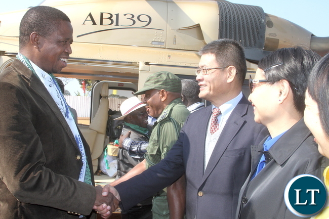 President Lungu being welcomed by Chinese Ambassador to Zambia on arrival in Luwingu for the Commissioning of Mansa –Luwingu Road on Monday, July 18,2016 –Picture by THOMAS NSAMA