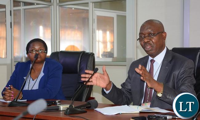 Electoral Commission of Zambia Public Relation Manager Chris Akufuna(r) and United Nation Development Program Media and Communication Specialist Sylvia Namuju(l) during a press briefing at the Electoral Commission of Zambia offices in Lusaka