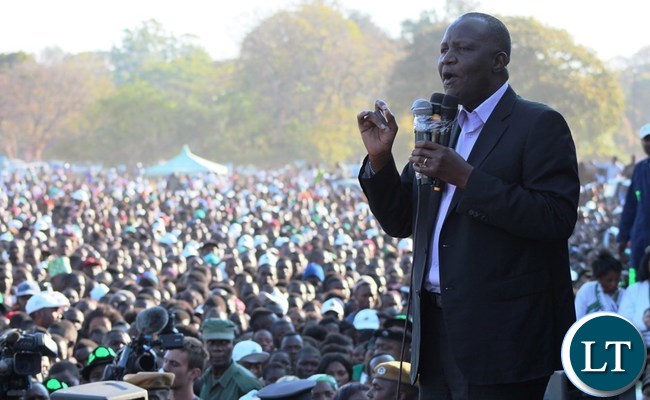 MMD President Felix Mutati addressing a mega rally at Kasama Golf Course to woo voters for President Edgar Lungu ahead of the August 11 general election .-picture by Mary Bwembya (ZANIS)