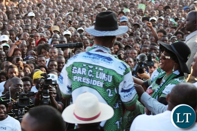 President Edgar Lungu entertains a crowed that turned up for the rally at Kasama Golf Course to woo voters ahead of the August 11 general election in Kasama today. .-picture by Mary Bwembya (ZANIS)