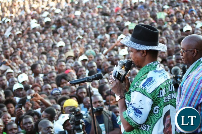 President Edgar Lungu entertains a crowed that turned up for the rally at Kasama Golf Course to woo voters ahead of the August 11 general election in Kasama today. .-picture by Mary Bwembya (ZANIS)