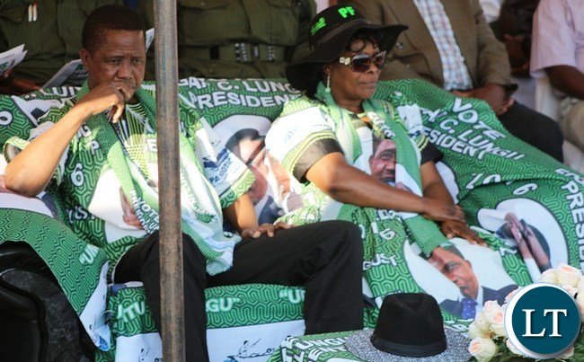 President Edgar Lungu and his wife Esther Lungu in Kasama when he addressed a mega rally at Kasama Golf Course today to woo votes ahead of the August 11 general election .-picture by Mary Bwembya (ZANIS).