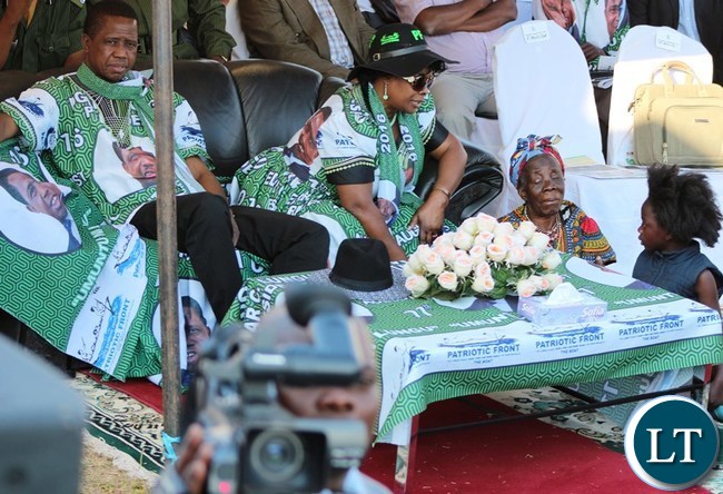 President Edgar Lungu and his wife Esther Lungu in Kasama when he addressed a mega rally at Kasama Golf Course today to woo votes ahead of the August 11 general election .-picture by Mary Bwembya (ZANIS).