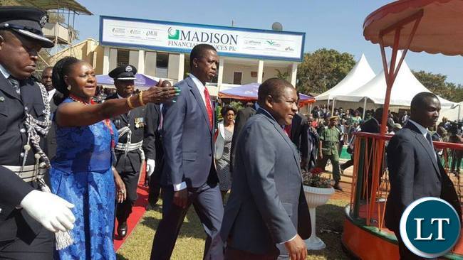 President Lungu and Mozambican President Filipe Nyusi being ushered by Commerce minister Margaret Mwanakatwe during the official opening of Trade Fair