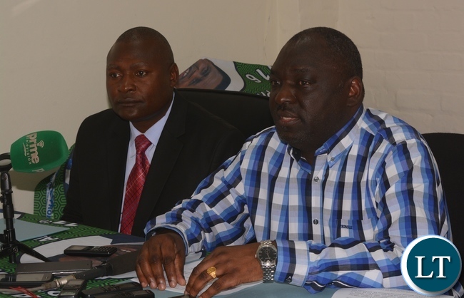 -Patriotic Front General secretary Davies Chama (R) ,Patriotic Front Deputy Spokesperson Frank Bwalya during a press briefing at Pf secretariat head quarters in Lusaka