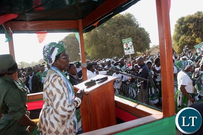 PF Presidential Running Mate, Vice President Inonge Wina speaking at a rally ahead of the August 11, 2016 Elections on arrival at Kaoma Airstrip in Western Province