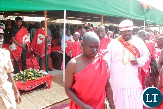 Mwini Kalonga Gawa Undi Mkhomo V arrives in the main arena whilst President Edgar Lungu (left) looks on during the traditional ceremony Mwini Kalonga Gawa Undi Mkhomo V arrives in the main arena whilst President Edgar Lungu (left) looks on during the traditional ceremony