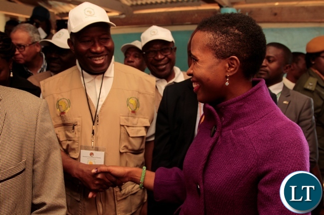 President Lungu's Daughter Tasila Lungu shake hands with former President of Nigeria Goodlucky Jonathan in Chawama Constituency at Apostolic Faith Church