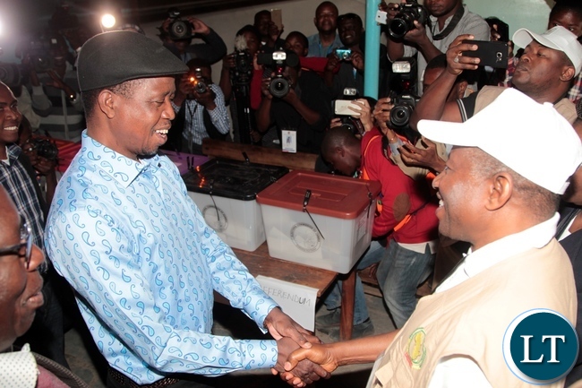 President Lungu shake hands with former President of Nigeria Goodlucky Jonathan in Chawama Constituency at Apostolic Faith Church